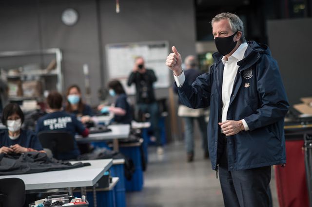 Mayor Bill de Blasio visits the Brooklyn Navy Yard where local companies are manufacturing thousands of protective hospital gowns to supply the city’s health care workers on Monday, April 6, 2020.